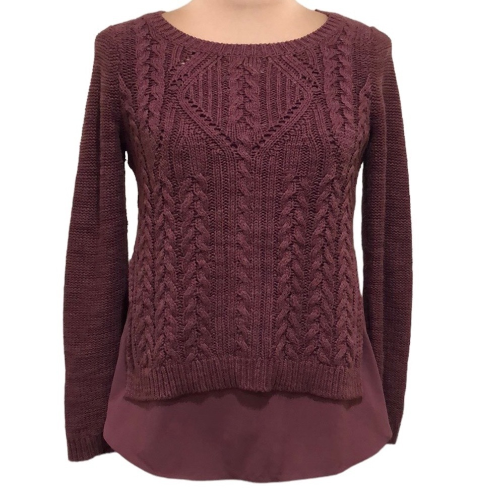 Anthropologie Moth Ella Sweater Size Small Burgundy Cable Knit Layered Pullover